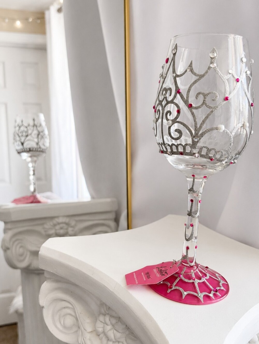 NWT Lolita Rhinestone Pearl Crown Wine Glass Cup Pink Silver 15oz Size 9"